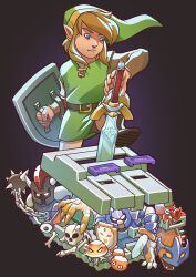 1boy belt black_background black_belt blue_eyes bone brown_hair character_request frown game_console green_hat green_tunic hair_behind_ear hat helmasaur_king helmet highres holding holding_shield holding_sword holding_weapon link looking_down master_sword nintendo octorok pierre_roussel shield skeleton solo_focus stalfos super_nintendo sword the_legend_of_zelda the_legend_of_zelda:_a_link_to_the_past tunic weapon