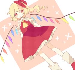 Rule 34 | 1girl, ascot, bad id, bad pixiv id, blonde hair, bow, daizu (melon-lemon), dress, dutch angle, expressionless, flandre scarlet, hair bow, highres, red eyes, short sleeves, side ponytail, simple background, solo, touhou, wings