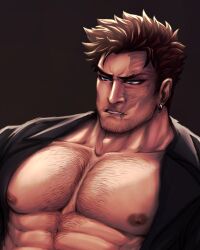 Rule 34 | 1boy, abs, alternate costume, bara, bare pectorals, beard, boku no hero academia, chest hair, collared shirt, earrings, endeavor (boku no hero academia), facial hair, jewelry, large pectorals, long sideburns, male focus, mature male, muscular, muscular male, nipples, open clothes, open shirt, parted lips, pectorals, red hair, scar, scar across eye, serpentin art, shirt, short hair, sideburns, solo, spiked hair, stubble, unfinished, upper body