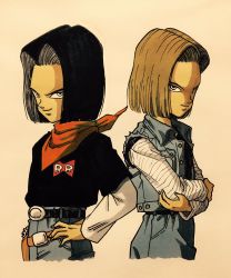Rule 34 | 1boy, 1girl, android 17, android 18, back-to-back, bandana, belt, black hair, black shirt, blonde hair, brother and sister, crossed arms, denim, denim skirt, dragon ball, dragonball z, eyelashes, fanny pack, fingernails, frown, hand on own hip, highres, jeans, lee (dragon garou), light smile, long sleeves, neckerchief, orange bandana, orange neckerchief, pants, red ribbon army, shaded face, shirt, short hair, siblings, simple background, skirt, standing, striped, twins, upper body, waiscoat, white background