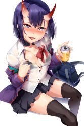 Rule 34 | 1girl, adapted costume, bag, beer can, black bra, black skirt, black thighhighs, blazer, blush, bob cut, bow, bowtie, bra, breasts, buttons, can, collared shirt, contemporary, dress shirt, drink can, drunk, eyebrows, fate/grand order, fate (series), highres, holding, holding can, horns, jacket, long sleeves, looking at viewer, loose clothes, magukappu, medium breasts, miniskirt, nose blush, off shoulder, oni, open clothes, open jacket, pleated skirt, purple eyes, purple hair, red bow, red bowtie, saliva, school bag, school uniform, see-through, shirt, short eyebrows, short hair, shuten douji (fate), simple background, sitting, skin-covered horns, skirt, solo, sweat, thighhighs, tongue, tongue out, unbuttoned, underwear, wet, wet clothes, wet shirt, white background, white shirt