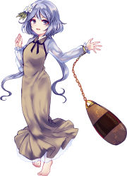 Rule 34 | 1girl, barefoot, biwa lute, bow, chain, dress, full body, hair bow, highres, instrument, light purple hair, long dress, long hair, low twintails, lute (instrument), purple eyes, see-through, see-through sleeves, solo, touhou, tsukumo benben, twintails, uranaishi (miraura), white background