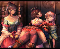 Rule 34 | 10s, 3girls, bare shoulders, black legwear, blunt bangs, blush, breasts, cleavage, collarbone, from behind, hakama, hakama short skirt, hakama skirt, hands on lap, head back, japanese clothes, kajika (kabaneri), koutetsujou no kabaneri, letterboxed, long sleeves, looking at viewer, looking to the side, masayoshi, medium breasts, miniskirt, multiple girls, mumei (kabaneri), off shoulder, pleated skirt, ponytail, red skirt, sarashi, sidelocks, sitting, skirt, spread legs, steampunk, thighhighs, tongue, tongue out, wide sleeves, yomogawa ayame
