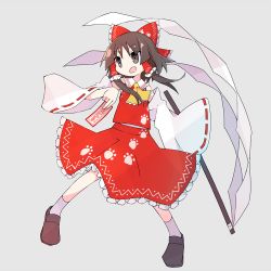 Rule 34 | 1girl, asameshi, ascot, bow, brown eyes, brown footwear, brown hair, commentary, detached sleeves, full body, gohei, grey background, hair bow, hair tubes, hakurei reimu, holding, long hair, long sleeves, ofuda, open mouth, paw print, paw print pattern, print bow, red bow, red shirt, red skirt, shirt, shoes, simple background, skirt, socks, solo, touhou, white socks, wide sleeves, wily beast and weakest creature, yellow ascot
