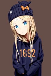 Rule 34 | 1girl, abigail williams (fate), absurdres, alternate costume, beanie, black bow, black hat, black hoodie, blonde hair, blue eyes, bow, brown background, clothes writing, commentary request, crossed bandaids, drawstring, fate/grand order, fate (series), hat, hat bow, head tilt, highres, hood, hood down, hoodie, long hair, long sleeves, looking at viewer, orange bow, parted bangs, parted lips, sanpeita, sleeves past wrists, solo, upper body, v-shaped eyebrows, very long hair