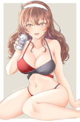 Rule 34 | 1girl, alcohol, ashigara (kancolle), beer, beer can, bikini, breasts, brown background, brown eyes, can, drink can, headband, highres, kantai collection, large breasts, long hair, looking at viewer, rirurun., signature, smile, swimsuit, wavy hair