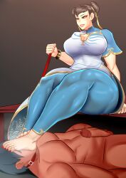 Rule 34 | 1boy, 1girl, absurdres, barefoot, breasts, brown eyes, brown hair, capcom, chinese clothes, chun-li, cleavage, clothed female nude male, collar, curvy, double bun, feet, foot on head, hair bun, highres, large breasts, leash, leggings, long hair, nude, parted lips, sitting, steam, street fighter, thick thighs, thighs, toes, wide hips