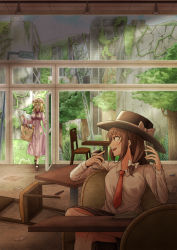 Rule 34 | 2girls, absurdres, bag, black skirt, blonde hair, breasts, brown hair, building, cellphone, chair, coat, ddok, fedora, hat, highres, large breasts, maribel hearn, mary janes, mob cap, multiple girls, necktie, overgrown, phone, pink coat, round table, ruins, shirt, shoes, sitting, skirt, small breasts, smartphone, table, touhou, usami renko, white shirt