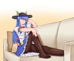 Rule 34 | 1girl, :3, apron, averageairhead, black headwear, blue hair, blue skirt, bow, bowtie, brown pantyhose, center frills, couch, frilled skirt, frills, fruit hat ornament, hat, highres, hinanawi tenshi, long hair, no shoes, pantyhose, peach hat ornament, puffy short sleeves, puffy sleeves, rainbow gradient, rainbow order, red bow, red bowtie, red eyes, shirt, short sleeves, sitting, skirt, solo, touhou, white apron, white shirt
