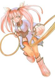 Rule 34 | 1girl, boots, chakram, closed mouth, dewprism, dress, full body, highres, knee boots, long hair, long sleeves, looking at viewer, mint (dewprism), orange pantyhose, pantyhose, pink hair, red eyes, simple background, smile, solo, twintails, weapon, white background
