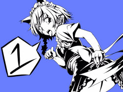 Rule 34 | 1girl, :p, animal ears, bad id, bad pixiv id, blue background, blush, braid, cat ears, cat girl, dress, female focus, frills, from behind, izayoi sakuya, kemonomimi mode, looking back, maid headdress, monochrome, puffy short sleeves, puffy sleeves, running, satori, satori (transient wind), short sleeves, simple background, solo, tongue, tongue out, touhou, twin braids