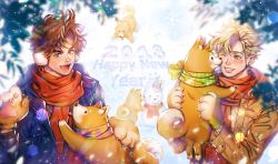 Rule 34 | 2018, 2boys, animal, animal hands, battle tendency, blonde hair, blue coat, blue eyes, brown hair, caesar anthonio zeppeli, coat, dog, earmuffs, facial mark, fang, gloves, green eyes, holding, holding animal, holding dog, homil22, jojo no kimyou na bouken, joseph joestar, joseph joestar (young), licking, licking another&#039;s face, male focus, multiple boys, new year, paw gloves, red scarf, scarf, shiba inu, snow, snowing, snowman, striped clothes, striped scarf, triangle print, winter, winter clothes