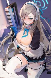 Rule 34 | 1girl, assault rifle, asuna (blue archive), asymmetrical bangs, blue archive, blush, breasts, cleavage, detached collar, gloves, grin, gun, halo, highres, holding, holding gun, holding weapon, kuronuma s, large breasts, light brown hair, long hair, magazine (weapon), maid, maid headdress, mole, mole on breast, neck ribbon, ribbon, rifle, smile, solo, squatting, straight hair, sweatdrop, thighhighs, torn clothes, torn thighhighs, very long hair, weapon, white gloves, white thighhighs