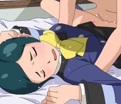 Rule 34 | 10s, 1girl, bed, blush, bottomless, closed eyes, clothed female nude male, clothed sex, danball senki, danball senki wars, green hair, jaggy lines, lying, missionary, nude, oekaki, on back, open mouth, pussy, sasagawa nozomi, school uniform, sex, short hair, solo focus, spread legs, sweat, tomu (tomubobu), uncensored, vaginal