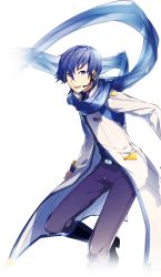Rule 34 | 1boy, belt, blue eyes, blue hair, blue scarf, boots, coat, headset, highres, ixima, kaito (vocaloid), kaito (vocaloid3), male focus, matching hair/eyes, microphone, nail polish, official art, open mouth, pants, scarf, see-through, solo, transparent background, vocaloid, zipper