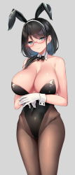 Rule 34 | 1girl, animal ears, bad id, bad pixiv id, bare shoulders, black hair, black leotard, blur censor, blush, bow, bowtie, breasts, censored, cleavage, detached collar, fake animal ears, fishnet pantyhose, fishnets, glasses, gloves, green eyes, highres, hip bones, large breasts, leotard, long hair, looking at viewer, original, osisio, pantyhose, playboy bunny, rabbit ears, rabbit tail, red-framed eyewear, smile, solo, strapless, strapless leotard, tail, white gloves, wrist cuffs