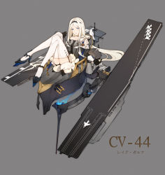 Rule 34 | 1girl, absurdres, aircraft, airplane, animal, bare shoulders, bird, bird on back, black footwear, black gloves, blue eyes, bow, circlet, earrings, full body, garter straps, gloves, grey background, high heels, highres, jewelry, jingzhongyin, knees up, long hair, looking at viewer, medal, sitting, solo, steelblue mirage, very long hair, white bird, white bow, white hair, white legwear