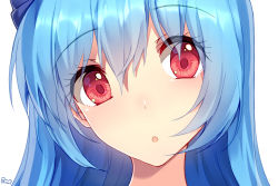 Rule 34 | 1girl, :o, artist name, bison cangshu, blue hair, eyebrows, hair between eyes, head tilt, highres, open mouth, portrait, quincy (warship girls r), red eyes, signature, solo, warship girls r