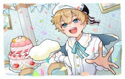 Rule 34 | 1boy, angel wings, beret, birthday cake, birthday party, blonde hair, blue bow, blue eyes, border, bow, cake, capelet, cherry, confetti, english text, food, fruit, happy birthday, hat, holding, holding food, indoors, kooi (aset 35shoku), luke (obey me!), male focus, obey me!: one master to rule them all!, open mouth, outstretched hand, pennant, picture frame, short hair, solo, string of flags, twitter username, upper body, whipped cream, white border, white capelet, wings