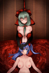 Rule 34 | 2girls, alternate costume, aoshima, bare shoulders, black gloves, blue eyes, blue hair, bow, breasts, cleavage, commentary request, dress, elbow gloves, empty eyes, closed eyes, front ponytail, gloves, green hair, hair bobbles, hair bow, hair ornament, hair over one eye, hair ribbon, highres, kagiyama hina, kawashiro nitori, lace, lace-trimmed dress, lace trim, lap pillow, large breasts, long hair, multiple girls, nipples, nude, ribbon, smile, touhou