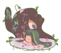 Rule 34 | 1990s (style), 1girl, bath, bathing, bug, butterfly, closed eyes, crossed arms, flower, green hair, hair down, insect, kinako (moment), nude, retro artstyle, romaji text, star (symbol), taimon, timon (yadamon), transparent background, water, yadamon, yadamon (character)
