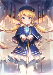 Rule 34 | 1girl, beret, blonde hair, blue eyes, cathedral, closed mouth, commentary request, dress, facing viewer, fingernails, hair ribbon, haoni, hat, highres, long hair, looking at viewer, magi in wanchin basilica, open hands, pantyhose, ribbon, smile, solo, twintails, very long hair, white pantyhose, xiao ma