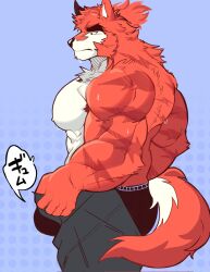 Rule 34 | 1boy, animal ears, artist request, ass, bara, black male underwear, bulge, dog boy, dog ears, dog tail, dressing, feet out of frame, forked eyebrows, from side, furry, furry male, highres, i&#039;ve never seen a guy recreate this successfully tbh (meme), large pectorals, male focus, male underwear, meme, muscular, muscular male, nipples, open pants, orange fur, original, pants, pants lift, pectorals, precum, purple background, short hair, solo, sweat, tail, thick arms, thick eyebrows, topless male, translation request, undersized clothes, underwear