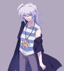 Rule 34 | 1boy, bakura ryou, bandaged arm, bandages, blood, blue coat, blue shirt, coat, collarbone, cowboy shot, grey background, grey hair, grey pants, jewelry, long hair, long sleeves, looking at viewer, male focus, messy hair, millennium ring, necklace, nemu mohu, off shoulder, open clothes, pants, red eyes, shirt, simple background, solo, striped clothes, striped shirt, two-tone shirt, white shirt, yu-gi-oh!, yu-gi-oh! duel monsters