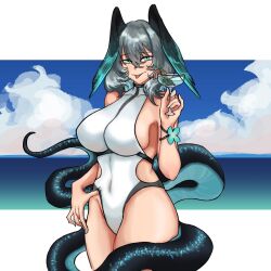 Rule 34 | 1girl, arknights, green eyes, grey hair, head wings, highres, ho&#039;olheyak (arknights), one-piece swimsuit, snake tail, swimsuit, tail, tongue, tongue out, wings, yuec202108