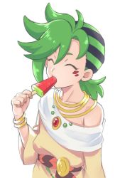 Rule 34 | 1boy, black hair, eating, facial mark, food, green hair, hair between eyes, highres, holding, holding food, jewelry, male focus, mauro abelard, multicolored hair, necklace, off shoulder, popsicle, riku son, shadowverse, shadowverse (anime), simple background, solo, spiked hair, trap, tunic, two-tone hair, watermelon bar, white background