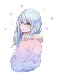 Rule 34 | 1other, alternate costume, androgynous, bad id, bad pixiv id, blue hair, character name, closed mouth, frown, hair between eyes, hands in pocket, highres, hood, hood down, hooded sweater, long hair, rimuru tempest, simple background, solo, spring tm00oo, straight hair, sweater, tensei shitara slime datta ken, twitter username, upper body, very long hair, white background, white sweater, yellow eyes