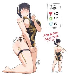 Rule 34 | 1girl, black dress, black hair, breasts, china dress, chinese clothes, closed mouth, dagger, dragon print, dress, gold bracelet, gold collar, hairband, jk arts, knife, large breasts, median furrow, meme, multiple views, red eyes, side-tie dress, sidelocks, signature, spy x family, stiletto (weapon), thigh strap, twitter strip game (meme), twitter username, watermark, weapon, white hairband, yor briar