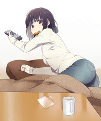 Rule 34 | 1girl, ass, black hair, blush, brown eyes, brown hair, controller, cup, cushion, drink, food in mouth, holding, kotatsu, long sleeves, looking at viewer, lying, mattaku mousuke, mouth hold, mug, on floor, on side, original, pants, pillow, plastic wrap, polka dot, remote control, ribbed sweater, short hair, solo, sweater, table, trash, under table