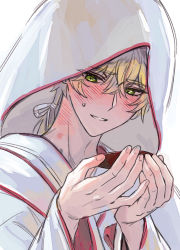 Rule 34 | 1boy, 2hands1cup, blonde hair, commentary, crossdressing, cup, english commentary, genshin impact, green eyes, hair between eyes, hickey, highres, holding, holding cup, hood, hood up, hwan (mob hwan), japanese clothes, kimono, male focus, parted lips, ponytail, sakazuki, solo, sweat, thoma (genshin impact), uchikake, white kimono
