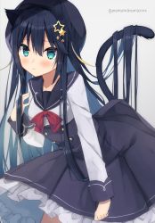 Rule 34 | 1girl, animal ears, aqua eyes, black hair, blush, cat ears, cat girl, cat tail, character request, copyright request, highres, long hair, looking at viewer, momomaron, ribbon, school uniform, shirt, skirt, solo, tail