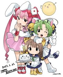 Rule 34 | 3girls, absurdres, animal ears, animal hands, animal hat, apron, bell, birthday cake, blouse, blue dress, blue sailor collar, blue skirt, breasts, cake, candle, cat ears, cat hat, cat tail, choker, dated, dejiko, di gi charat, dice hair ornament, dress, food, frilled apron, frills, gema, gloves, green eyes, green hair, green neckerchief, hair ornament, happy birthday, hat, highres, jingle bell, long hair, looking at viewer, maid apron, medium breasts, mittens, multiple girls, nagomurasan, neckerchief, off shoulder, paw gloves, paw shoes, pink hair, pink skirt, pleated skirt, puchiko, rabbit ears, ribbon, ribbon choker, sailor collar, school uniform, serafuku, shirt, shoes, short hair, simple background, skirt, standing, tail, twintails, usada hikaru, white apron, white background, white mittens, white shirt, wrist ribbon
