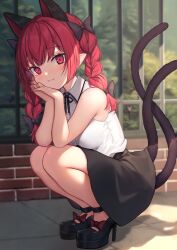 Rule 34 | 1girl, alternate costume, animal ears, black bow, black footwear, black skirt, blush, bow, breasts, cat ears, cat tail, closed mouth, collared shirt, extra ears, fangs, fingernails, full body, hair bow, high heels, highres, kaenbyou rin, long hair, looking at viewer, medium breasts, multiple tails, pointy ears, red eyes, red hair, shirt, skirt, sleeveless, sleeveless shirt, solo, squatting, tail, touhou, two tails, white shirt, wowoguni