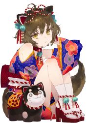 Rule 34 | 1girl, animal ears, blue kimono, brown hair, cat, cat ears, commentary request, floral print, hair ornament, highres, japanese clothes, kimono, looking at viewer, noco (adamas), obi, original, sash, short hair, simple background, solo, white background, wide sleeves, yellow eyes