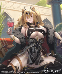 Rule 34 | 1girl, alcohol, animal ears, artist name, bare shoulders, black leotard, blonde hair, boots, bracelet, breasts, coat, commentary request, company connection, company name, copyright name, cuboon, cup, evertale, fur trim, gilgamesh (evertale), highres, holding, jewelry, large breasts, leotard, lion ears, lion tail, lips, logo, long hair, looking at viewer, off shoulder, official art, parted lips, pelvic curtain, see-through, shiny clothes, shiny skin, sitting, smile, tail, tail wrap, thigh boots, thigh strap, thighs, underboob, weapon, wine, yellow eyes