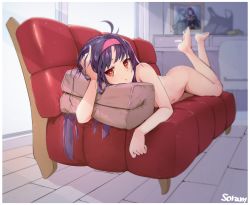 Rule 34 | 1girl, ahoge, antenna hair, artist name, ass, asuna (sao-alo), barefoot, blurry, closed mouth, commentary, completely nude, couch, depth of field, feet up, foreshortening, frown, full body, hairband, hand in own hair, highres, indoors, lavie, looking at viewer, lying, navel, nude, on couch, on stomach, photo (object), pillow, pink hairband, purple hair, red eyes, soles, solo, sword art online, toes, yuuki (sao)