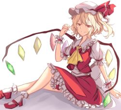 Rule 34 | 1girl, ascot, back bow, blonde hair, bobby socks, bow, collared shirt, flandre scarlet, frilled shirt collar, frilled skirt, frilled sleeves, frills, from side, full body, hat, hat ribbon, highres, knee up, large bow, looking at viewer, mary janes, medium hair, mob cap, multicolored wings, one side up, open mouth, puffy short sleeves, puffy sleeves, red eyes, red footwear, red ribbon, red skirt, red vest, ri cochet, ribbon, shirt, shoes, short sleeves, simple background, skirt, skirt set, smirk, socks, solo, touhou, vest, white background, white bow, white hat, white shirt, white socks, wings, wrist cuffs, yellow ascot