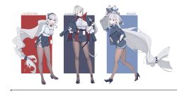 Rule 34 | 3girls, absurdres, arknights, arms behind back, ascot, black footwear, blazer, blue ascot, blue jacket, blue skirt, box, breasts, character name, choshanland plushy (arknights), clipboard, commentary, english commentary, full body, gladiia (arknights), grey hair, grey pantyhose, high heels, highres, holding, holding box, holding clipboard, jacket, jacket on shoulders, large breasts, leaning forward, long hair, low-tied long hair, multiple girls, pantyhose, pointy ears, red eyes, shirt, side slit, skadi (arknights), skirt, specter (arknights), suiiryu, very long hair, white shirt