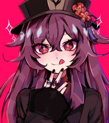 Rule 34 | 1girl, absurdres, bbadtime, black nails, blurry, blush, brown hair, genshin impact, hat, highres, hu tao (genshin impact), jewelry, looking at viewer, nail polish, pink background, porkpie hat, red eyes, ring, simple background, tongue, tongue out