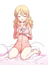 Rule 34 | 10s, 1girl, alternate hairstyle, barefoot, bed, blonde hair, blue eyes, closed eyes, collared shirt, commentary request, cup, darjeeling (girls und panzer), facing viewer, full body, girls und panzer, hair down, holding, long hair, naked shirt, pink shirt, sakaki imasato, saucer, shirt, sitting, sketch, solo, teacup, thighs, wariza, white background
