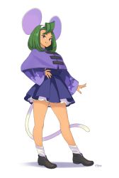 Rule 34 | 1girl, ahoge, animal ears, ankle boots, bad id, bad twitter id, blue dress, blush stickers, boots, brave fencer musashi, brave fencer musashiden, commentary, dress, english commentary, fake animal ears, fake tail, full body, green hair, huge ahoge, medium hair, mouse ears, mouse girl, mouse tail, optionaltypo, purple eyes, short hair, socks, solo, standing, tail, tan, topo (musashiden)