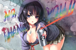 Rule 34 | 1girl, :p, akiyama mio, alternate costume, bent over, black hair, blue eyes, blush, body blush, breasts, building, cleavage, cloud, collarbone, cowboy shot, downblouse, female focus, foreshortening, graffiti, heterochromia, holding, hood, hoodie, jewelry, k-on!, large breasts, long hair, long image, long sleeves, looking at viewer, miniskirt, nail polish, necklace, necktie, no thank you! (k-on!), pendant, plaid, plaid skirt, pleated skirt, purple nails, sadakofxe, shade, shiny skin, skirt, solo, spray, spray can, spray paint, thighs, tongue, tongue out, wall, wide image