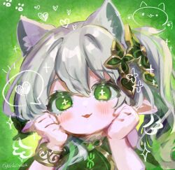 Rule 34 | 1girl, :3, animal ears, blush, bracelet, cat ears, cat girl, clenched hand, cross-shaped pupils, dress, eyelashes, gem, genshin impact, gradient hair, green background, green eyes, green gemstone, green hair, grey hair, hair between eyes, hair ornament, hand on own face, happy, heart, high ponytail, high side ponytail, highres, jewelry, leaf hair ornament, long hair, looking at viewer, multicolored hair, nahida (genshin impact), oishii sasa, open mouth, pointy ears, ponytail, side ponytail, sidelocks, solo, sparkle, streaked hair, symbol-shaped pupils, twitter username