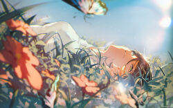Rule 34 | 1girl, artist name, blurry, brown hair, bug, butterfly, champi, collared shirt, depth of field, english text, flower, hair between eyes, highres, insect, lens flare, looking up, lying, on back, on ground, original, outdoors, red flower, shirt, white shirt, yellow eyes