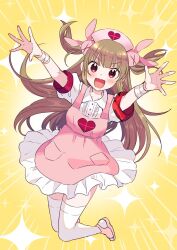 Rule 34 | &gt; &lt;, 1girl, :d, apron, bandaged wrist, bandages, blush, brown hair, center frills, collared dress, commentary, dress, fang, frills, full body, hair ornament, hat, heart, heart print, itoyoshi ryouichi, long hair, looking at viewer, natori sana, nurse cap, open mouth, outstretched arms, pink apron, pink footwear, pink hat, puffy short sleeves, puffy sleeves, rabbit hair ornament, red eyes, sana channel, short sleeves, slippers, smile, solo, sparkle, thighhighs, two side up, v-shaped eyebrows, virtual youtuber, white dress, white thighhighs, yellow background