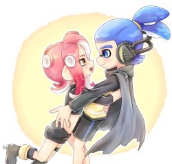 Rule 34 | 1boy, 1girl, :d, agent 3 (splatoon), agent 8 (splatoon), black cape, black footwear, black shorts, black skirt, blue eyes, blue hair, boots, cape, closed mouth, eyes visible through hair, headgear, high heel boots, high heels, inkling, inkling boy, inkling player character, long hair, long sleeves, looking at another, miniskirt, nintendo, octoling, octoling girl, octoling player character, open mouth, orange eyes, outline, pink hair, shorts, single vertical stripe, skirt, smile, splatoon (series), splatoon 2, splatoon 2: octo expansion, squidbeak splatoon, suction cups, thigh strap, torn cape, torn clothes, vest, white outline, yunusuko